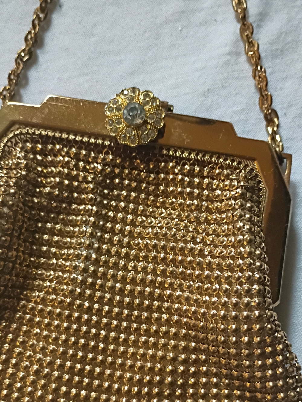 Whiting & Davis Gold Mesh Evening Clutch with Jeweled Flower Clasp
